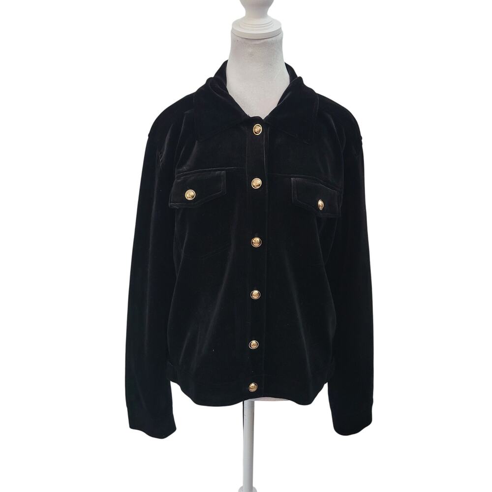 Black Velvet Size L Gold Button Up Jacket Long‎ Sleeve Soft Touch